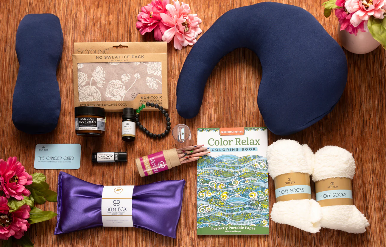 Mastectomy Care Package with pillow, socks, ice pack, craft supplies, and more